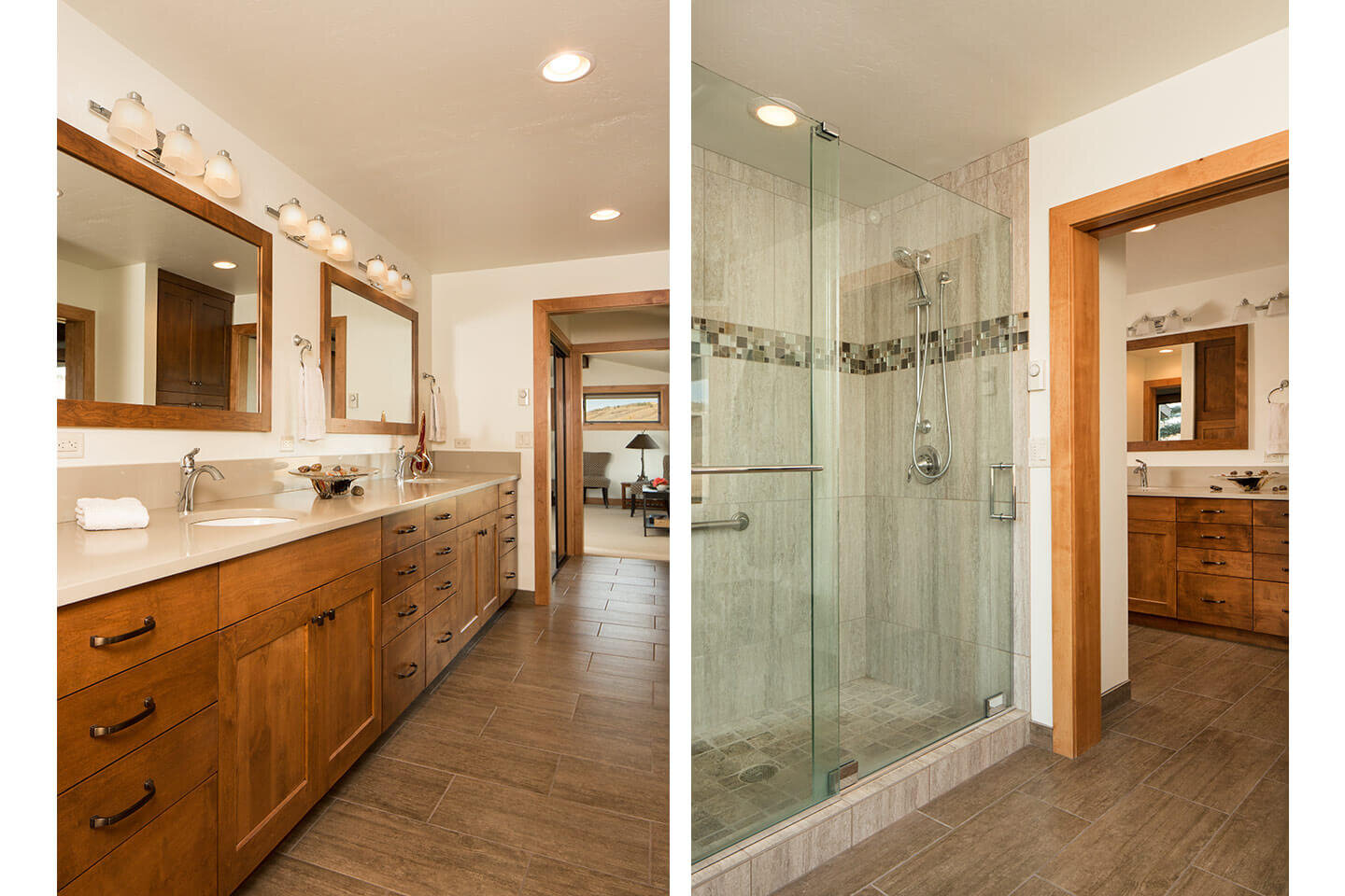 Master bathroom with alder wood cabinetry and glass door