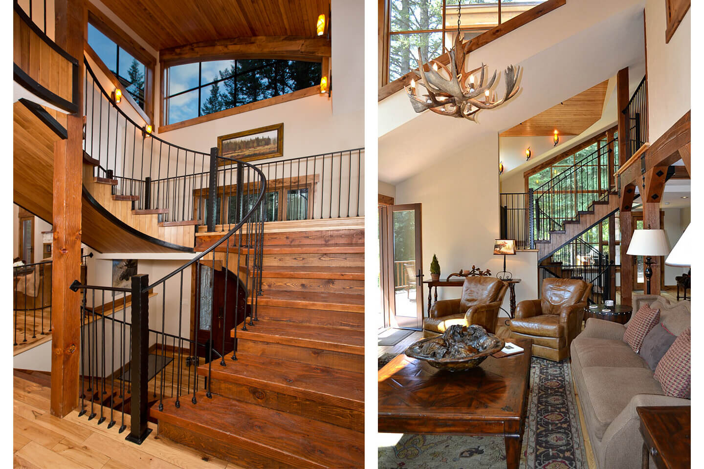 Spiral staircase and living room