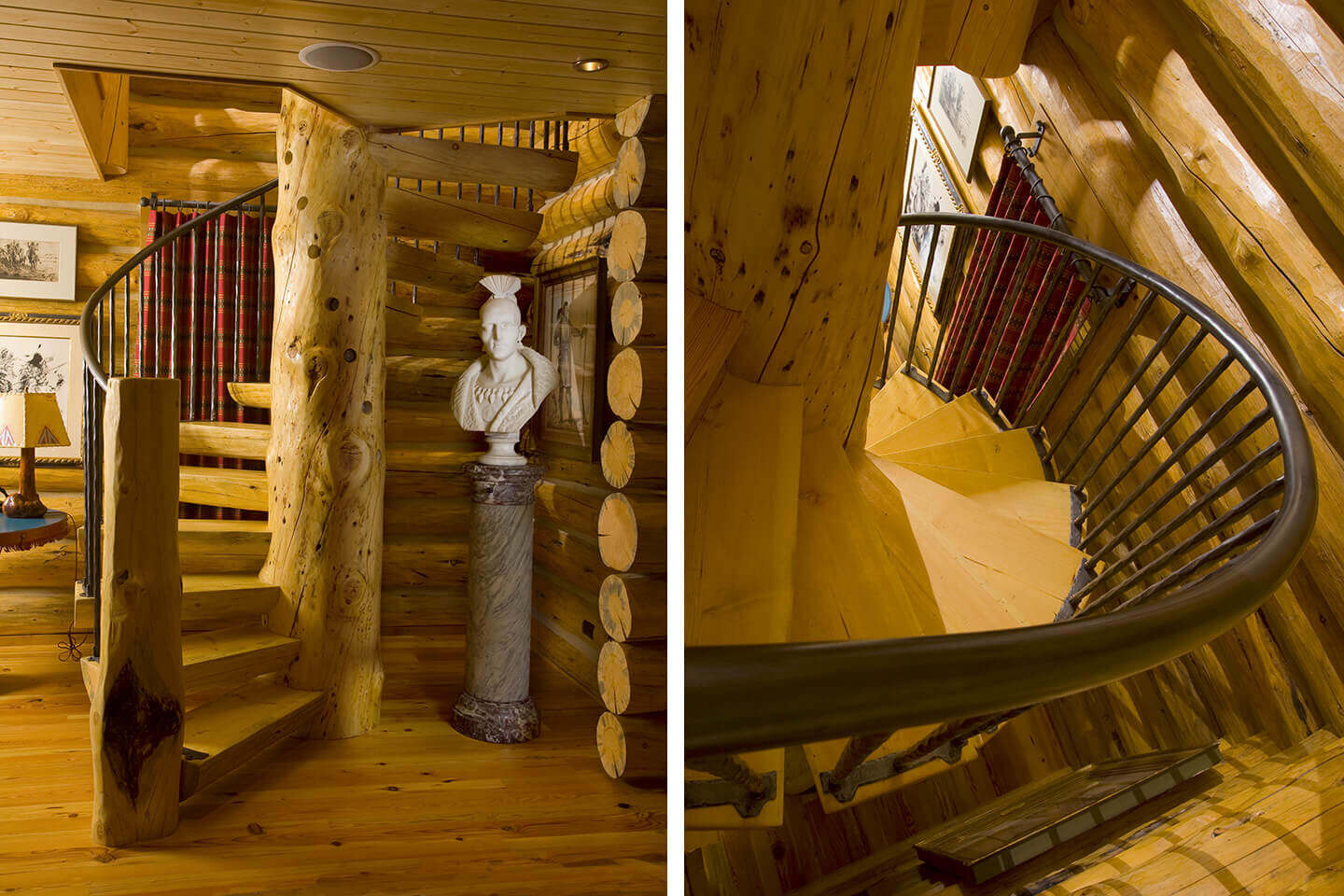 Log spiral staircase with Native American sculpture