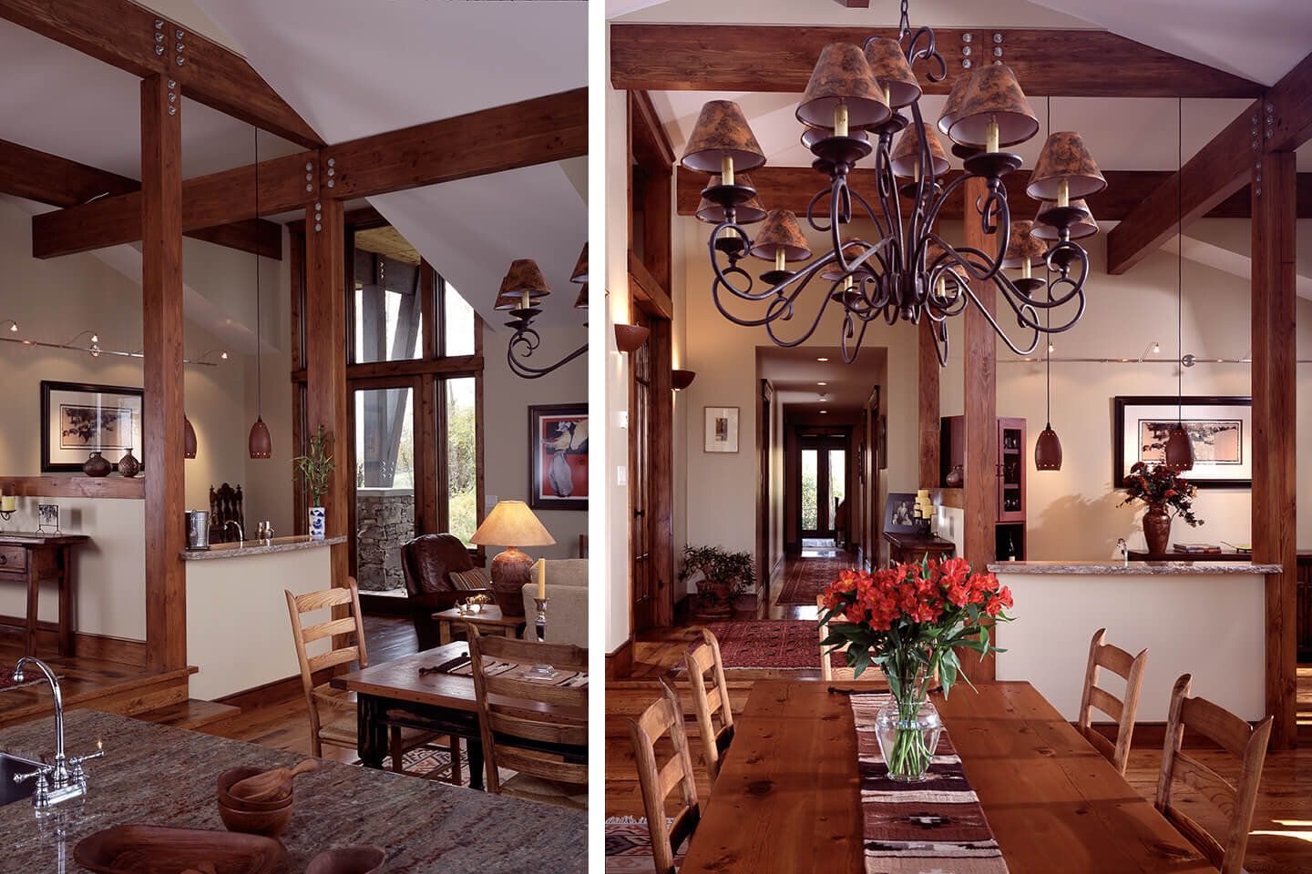 Interior view and wrought iron rustic chandelier