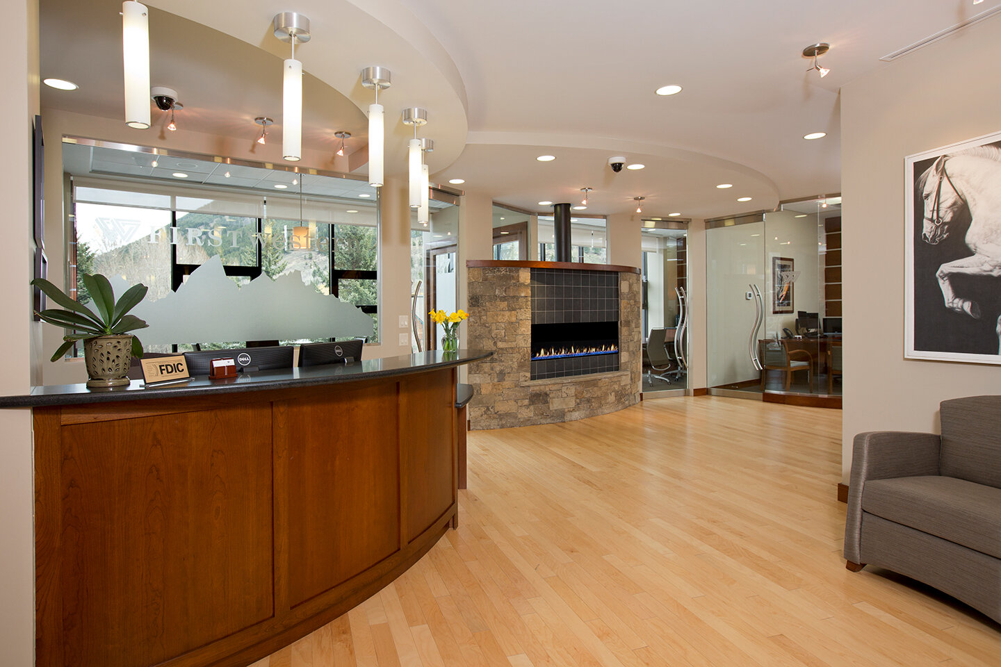Bank lobby with electric fireplace