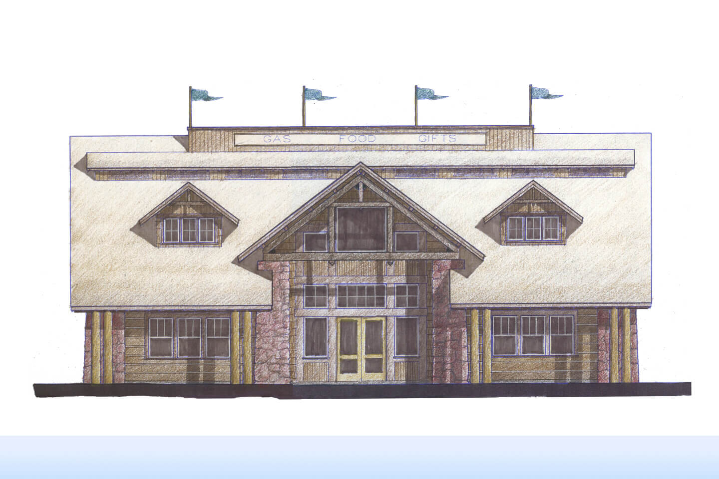 Color hand rendering of gas station building
