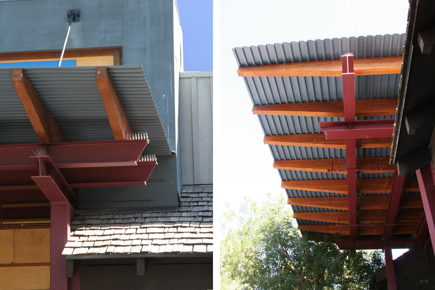 Awning details with corrugated metal and brackets