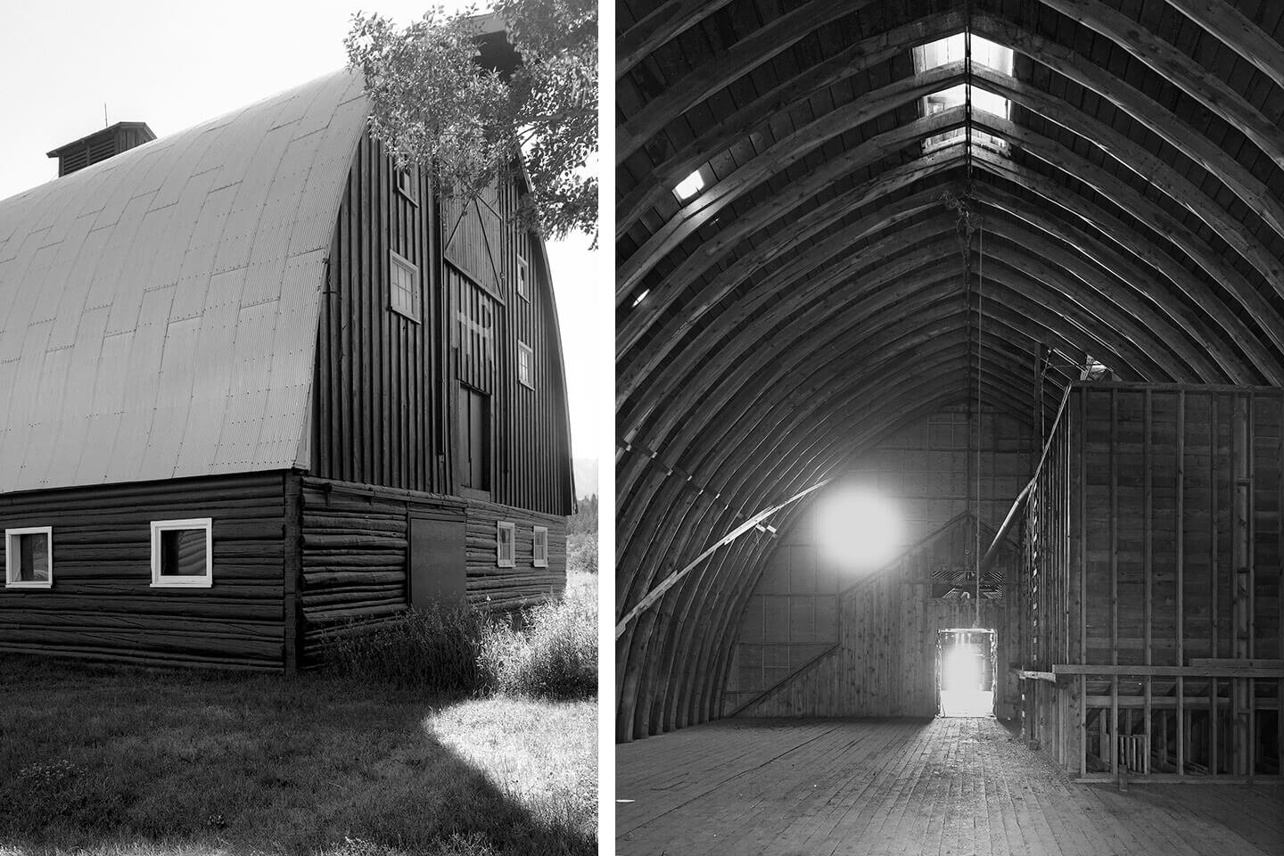 Gracefully arching gothic roof exterior and barn interior