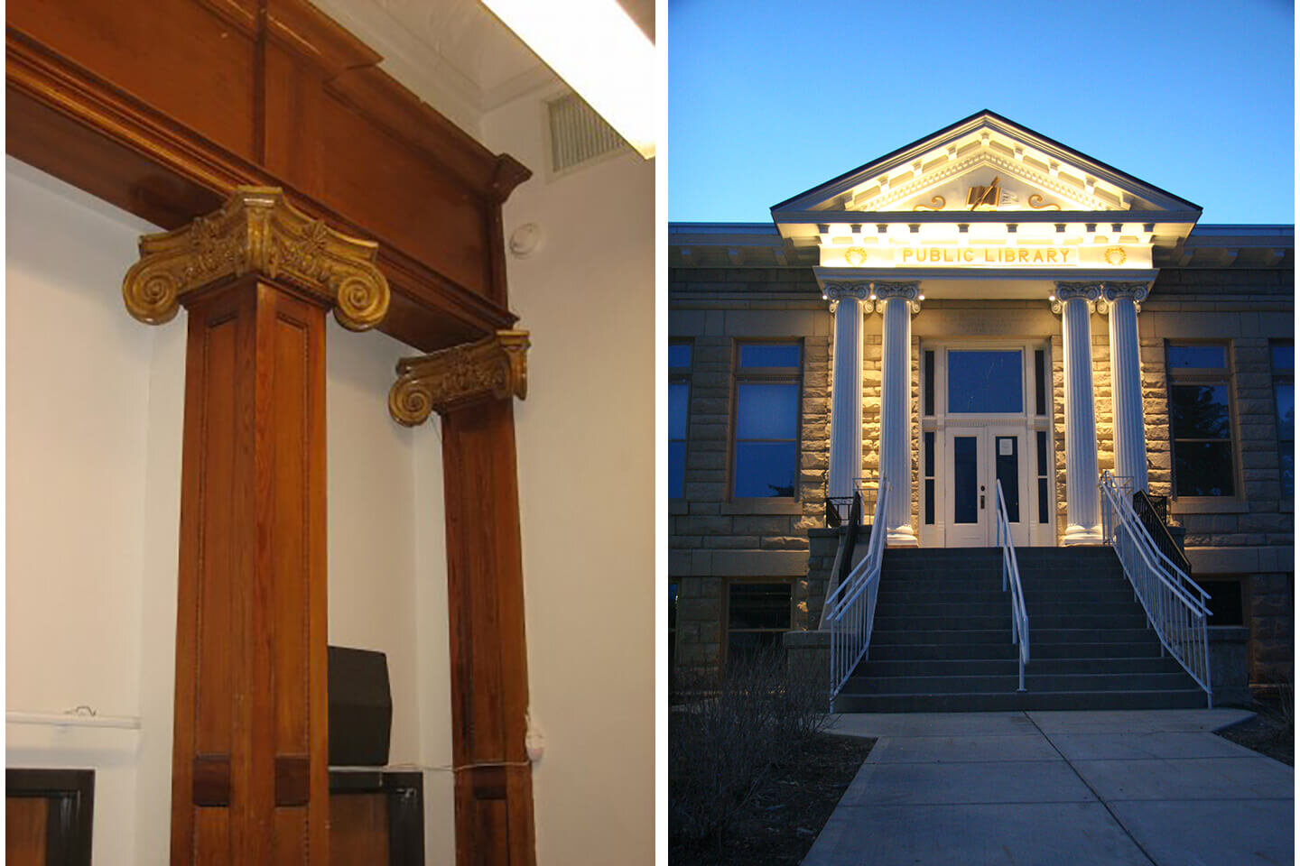 Wooden ionic columns and lit up library entrance at twilight