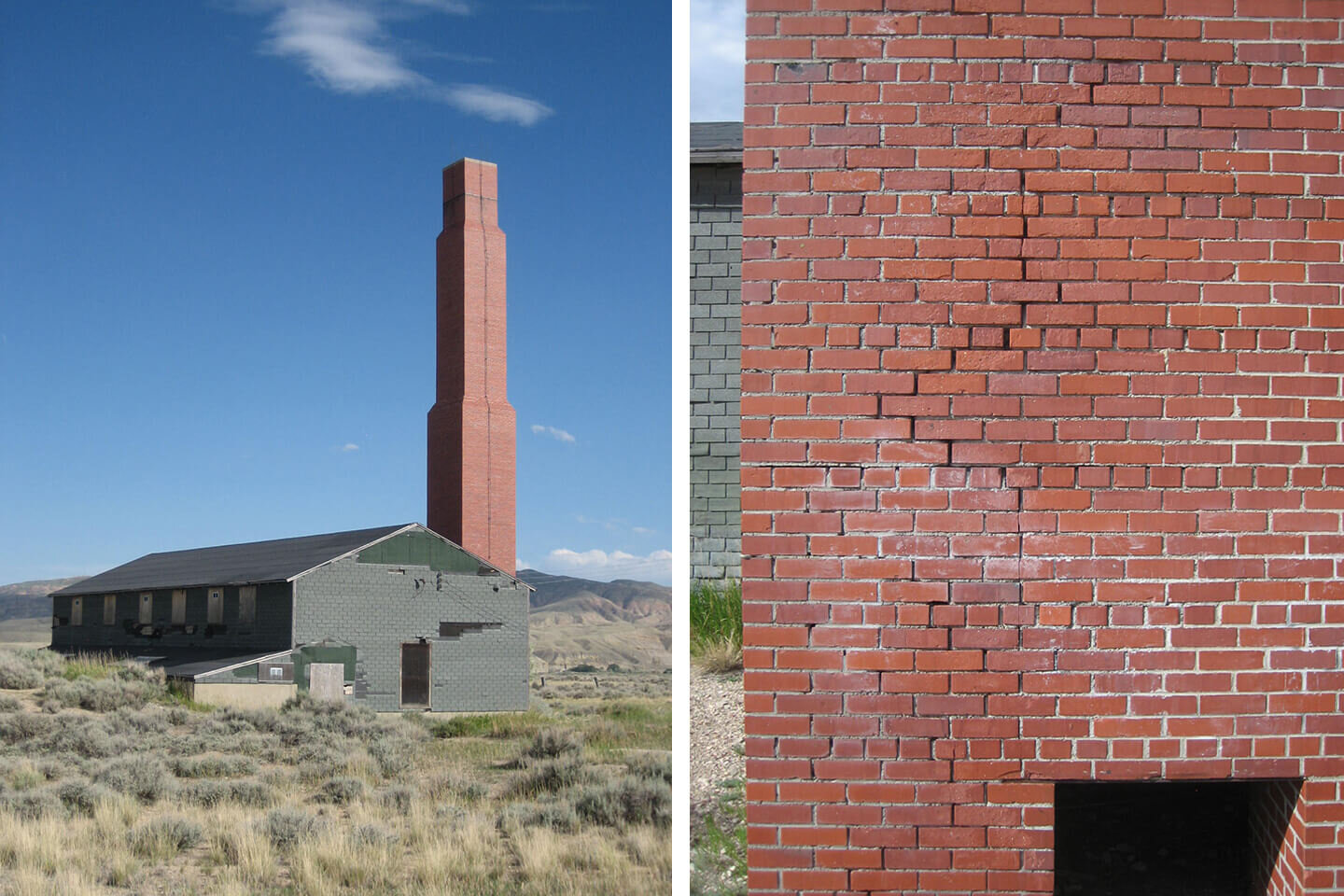 Building and details of damaged chimney mass