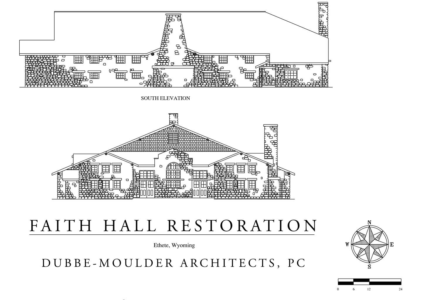 Faith Hall Restoration hand drawing with elevations
