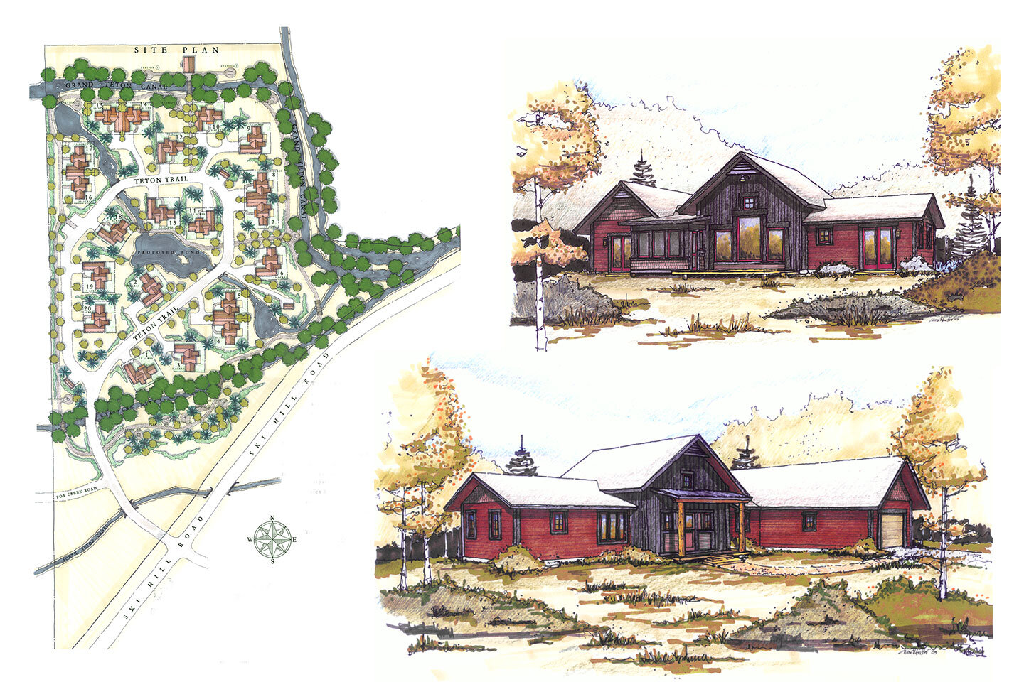 Master plan view and two sketches of townhome