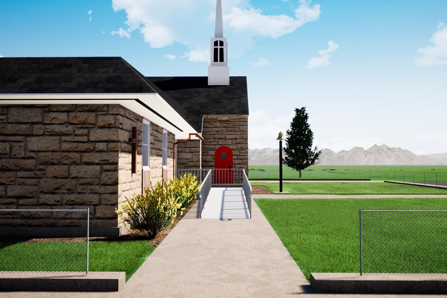 3D rendering of current church entry with ADA ramp