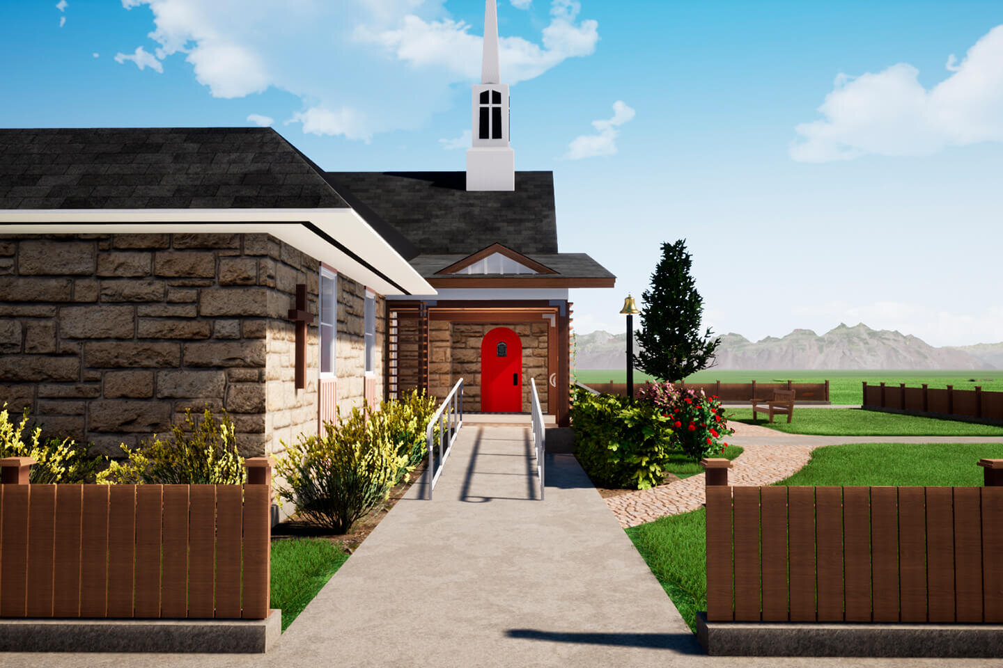 带有ADA坡道的教堂入口3D渲染图
