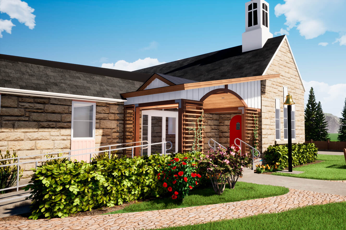 Angled 3D rendering of church entry addition