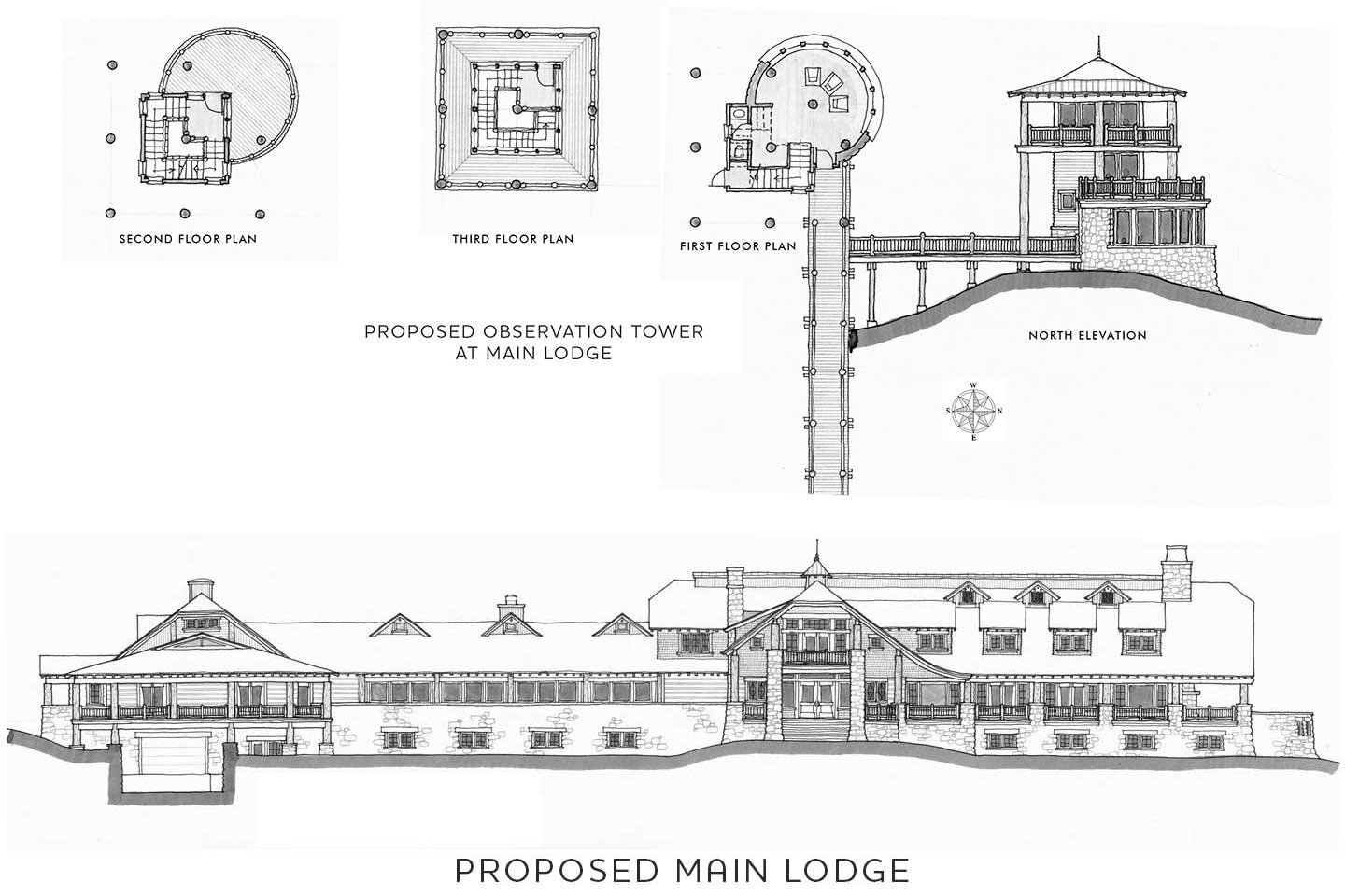 Proposed hand-drawn plans for lodge and tower