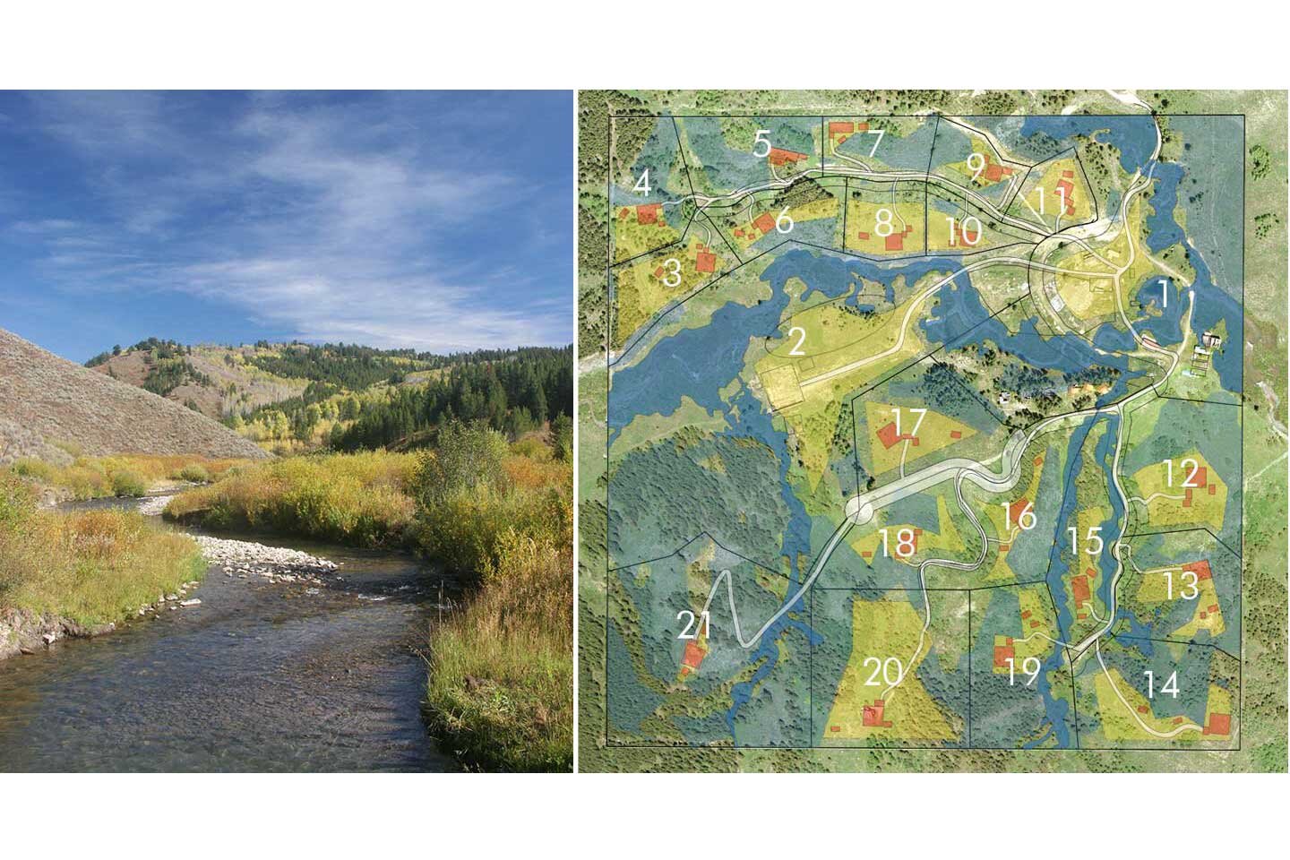 View of site with wild creek and site plan