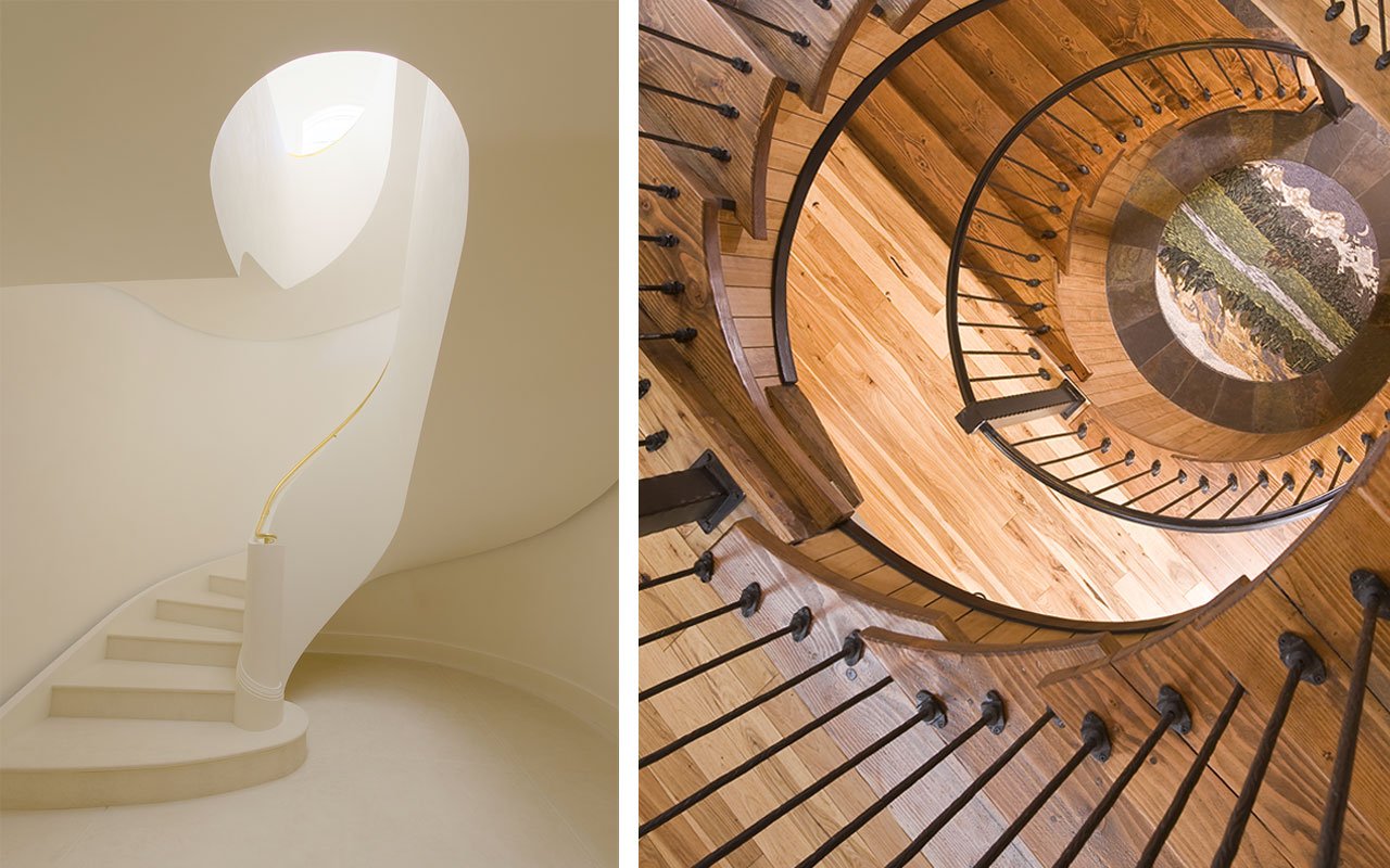 Curved sculptural white staircase and spiral wood