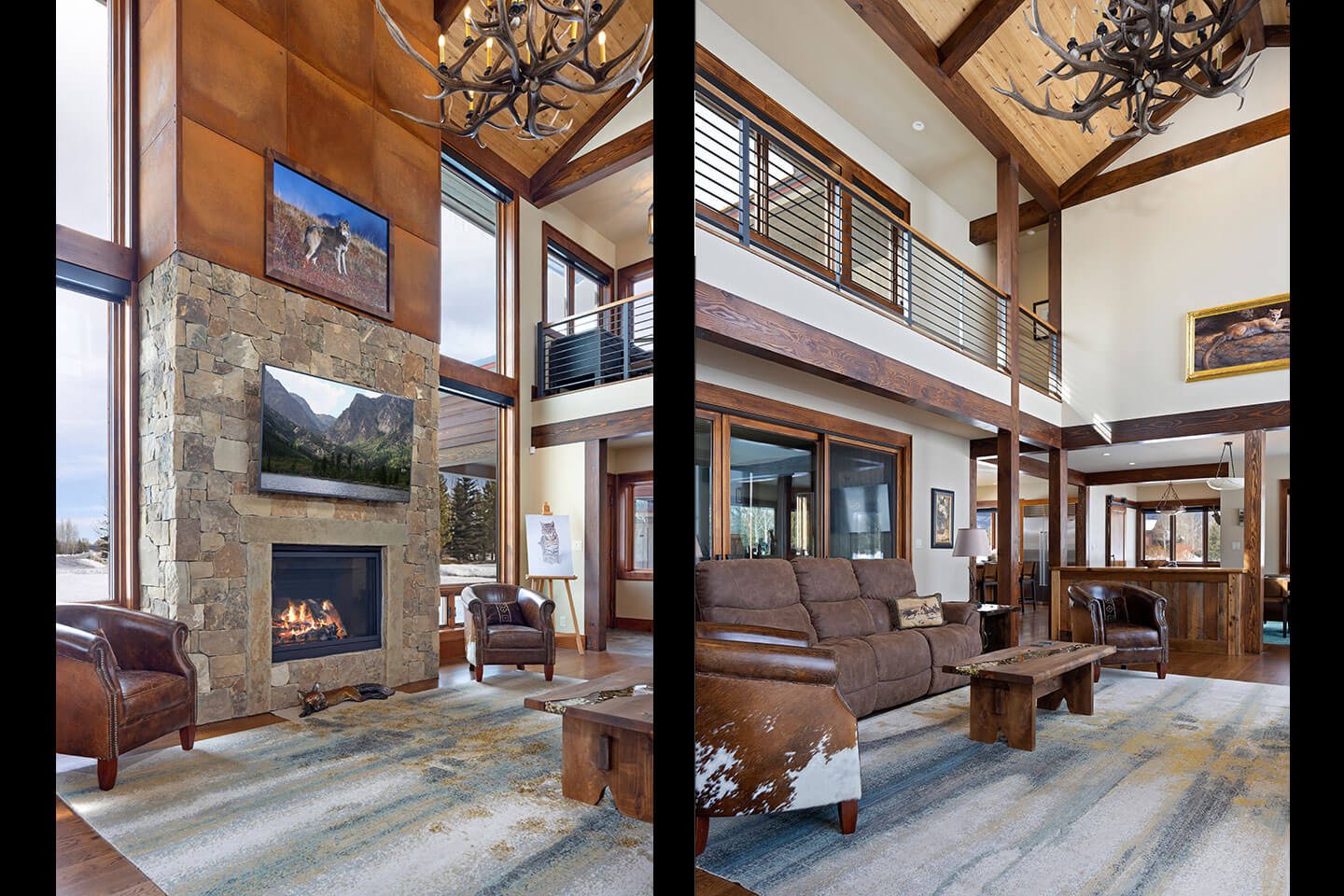 Two views of living-room with fireplace and balcony