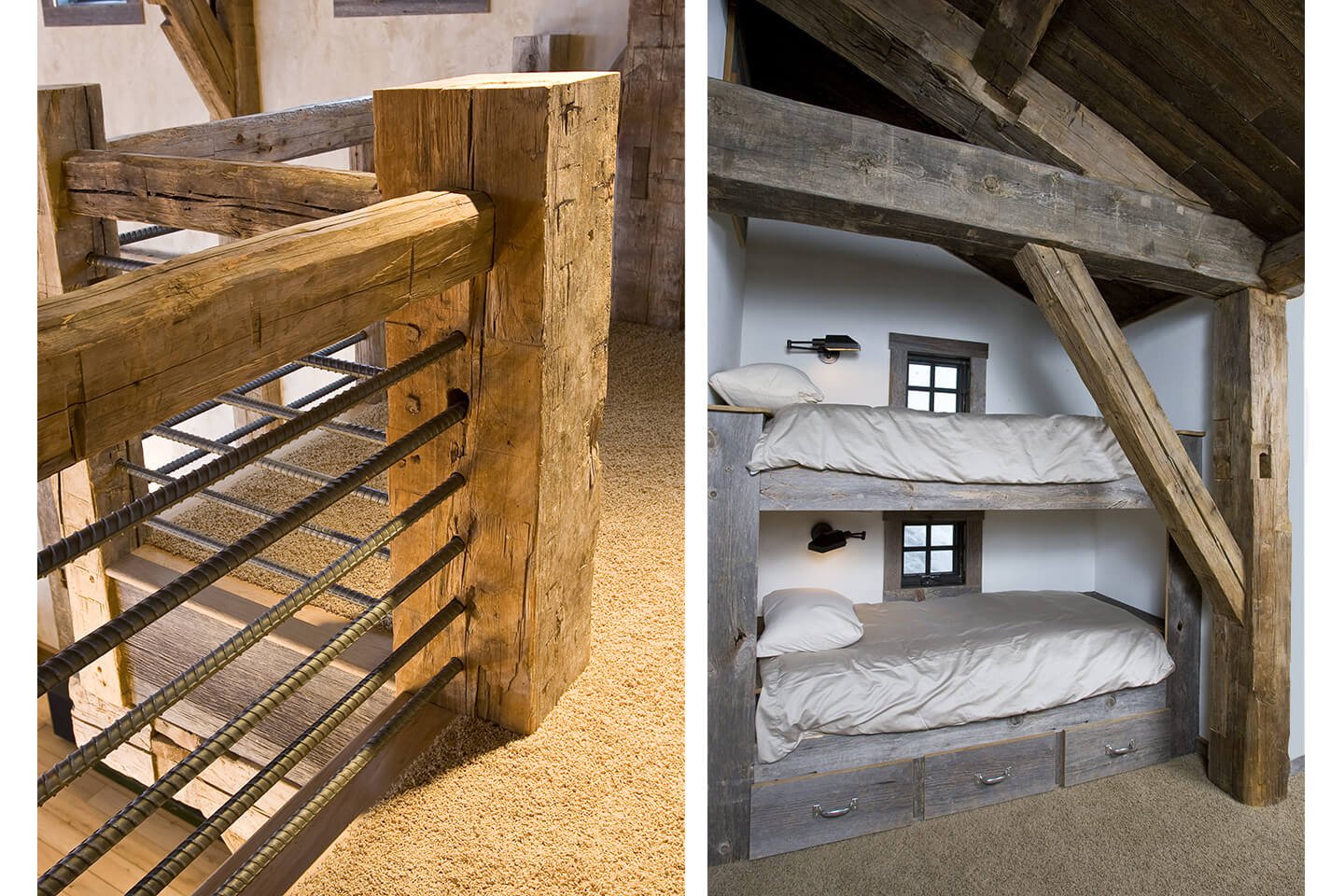 Staircase with hand-hewn logs and bunk beds area