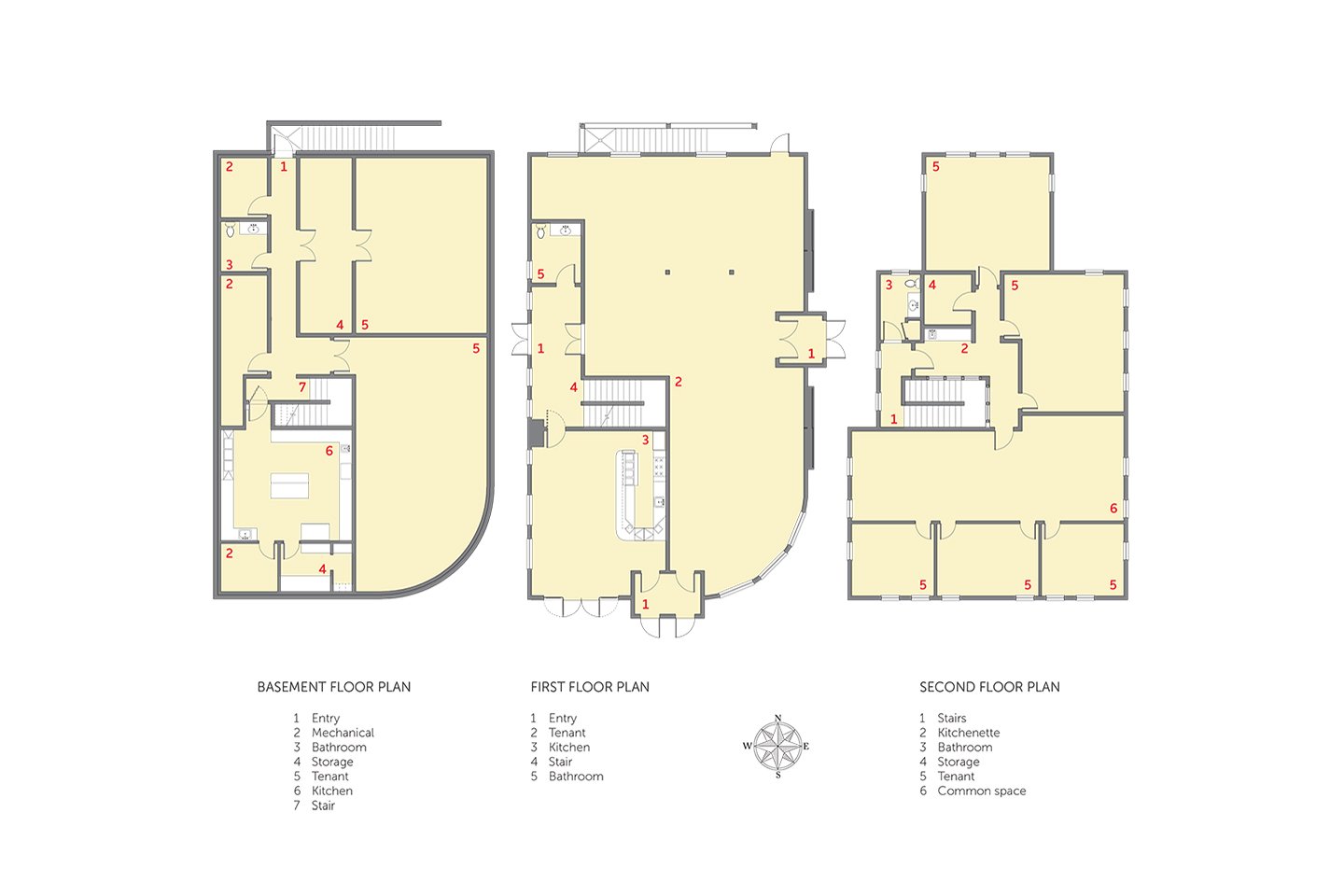 Basement, first and second floor plans in 2D