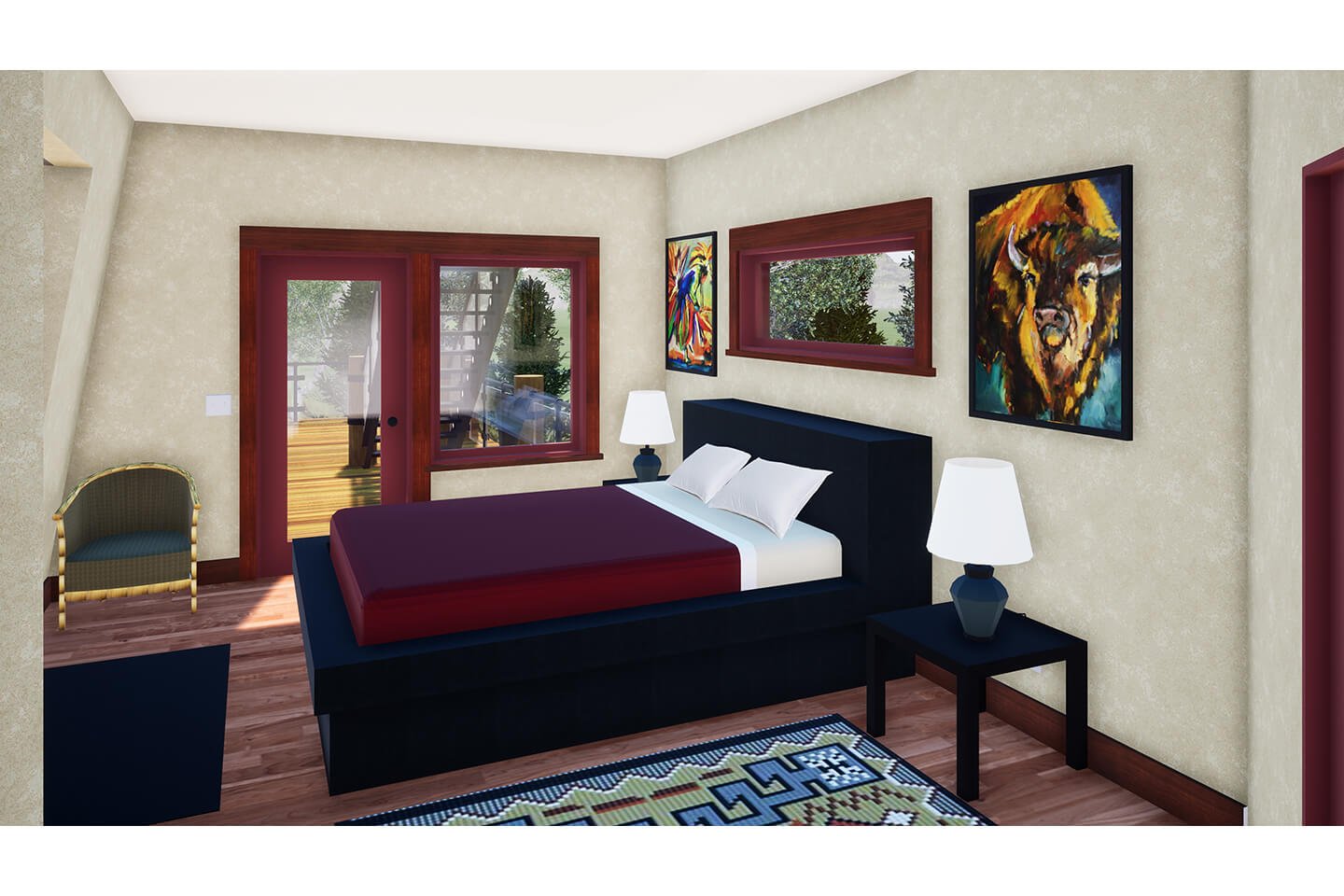 3D rendering of bedroom with artwork on wall