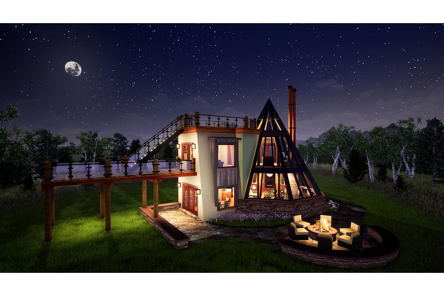 3D rendering of moonlit teepee and outdoor fireplace