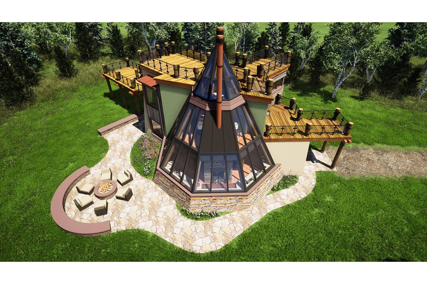 Glass teepee concept with decks and fireplace