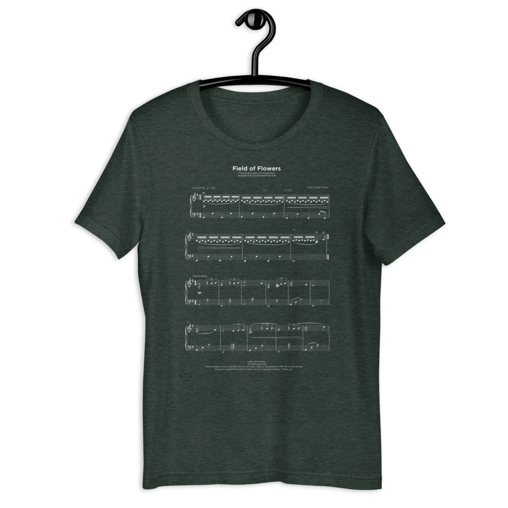 Field of Flowers Unisex T-Shirt (White Letters) — Earl Johnson • Solo Piano Music • Pianist and Composer