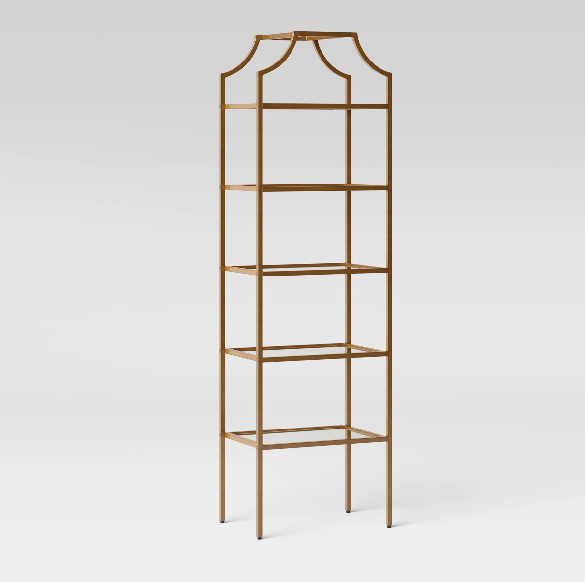 Gold shelving unit with glass shelves — Wedding & Event Design + Rental  Collections