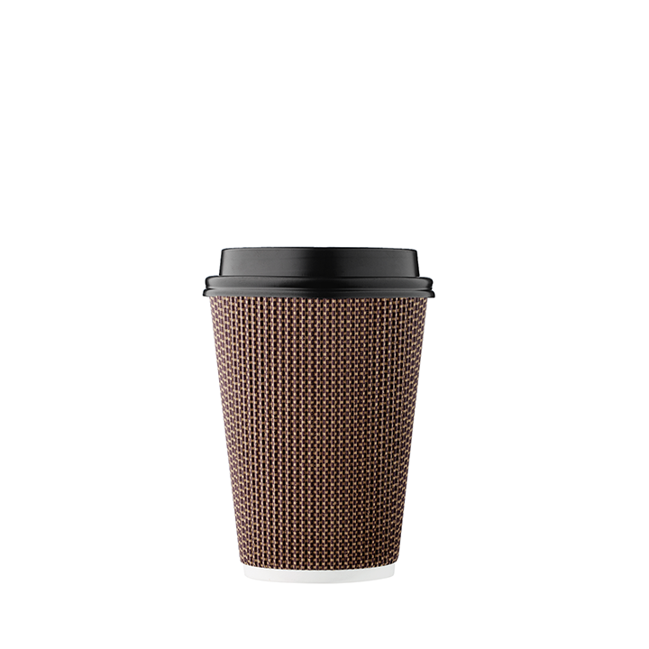 Harvest Pack 12 oz Insulated Ripple Double-Walled Paper Cup with Lid, Brown Geometric, Coffee Tea Hot Chocolate Drinks To-Go [100 Sets]