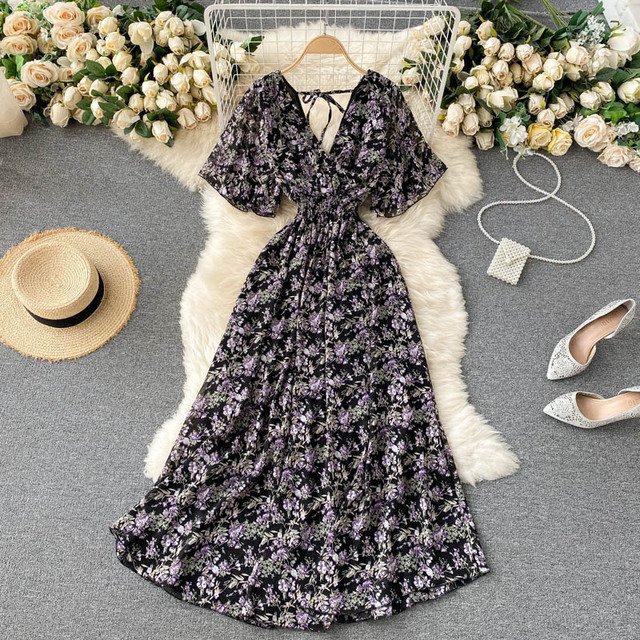 SINGREINY Women Chiffon Floral Long Dress Korean V Neck