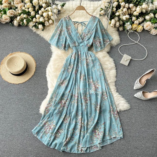 ★韓国人気★I AM MARI★COTIA FLOWER SHIRRING DRESS SINGREINY Women Chiffon Floral Long Dress Korean V Neck