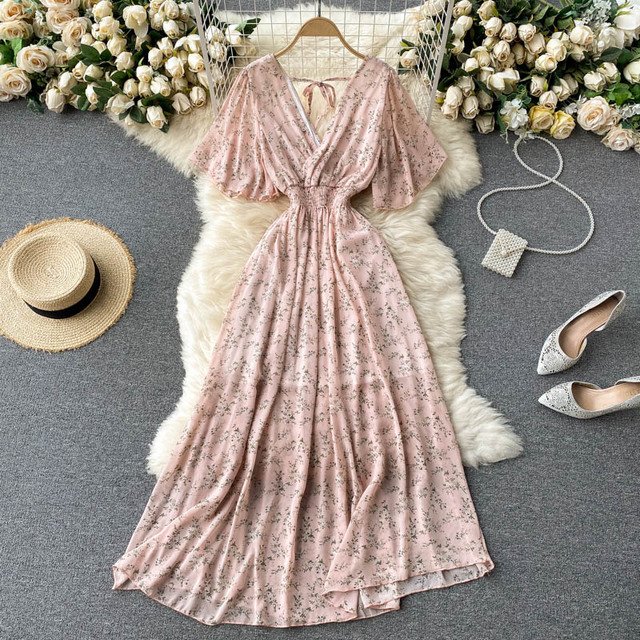 ★韓国人気★I AM MARI★COTIA FLOWER SHIRRING DRESS SINGREINY Women Chiffon Floral Long Dress Korean V Neck