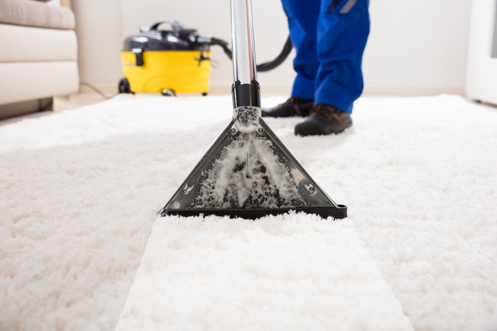 一个清洁工在家里用吸尘器清洁地毯的特写