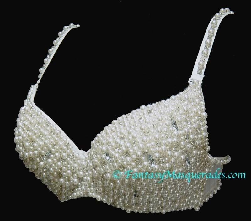 White Beaded Pearl Crystal Rhinestone Bra Top Burlesque Belly