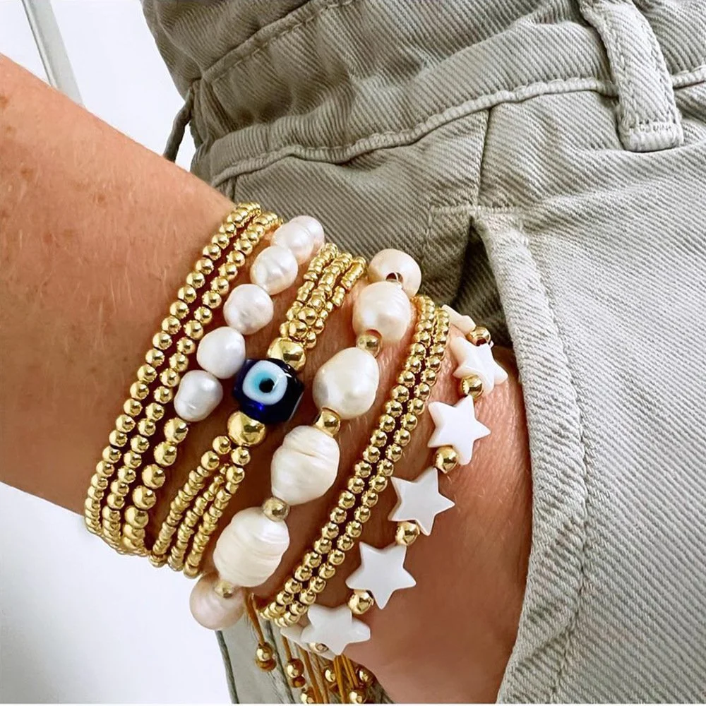 thumbnail image 2 of Hip Hop Cuban Link Bracelet Pearl Bracelets For Women Gold Bracelets For Women, 14K Dainty Gold Plated Stackable Bracelets For Women Trendy Gold Bracelet Stack Set Waterproof Chain Bracelets Paperclip Non Tarnish 2 of 14