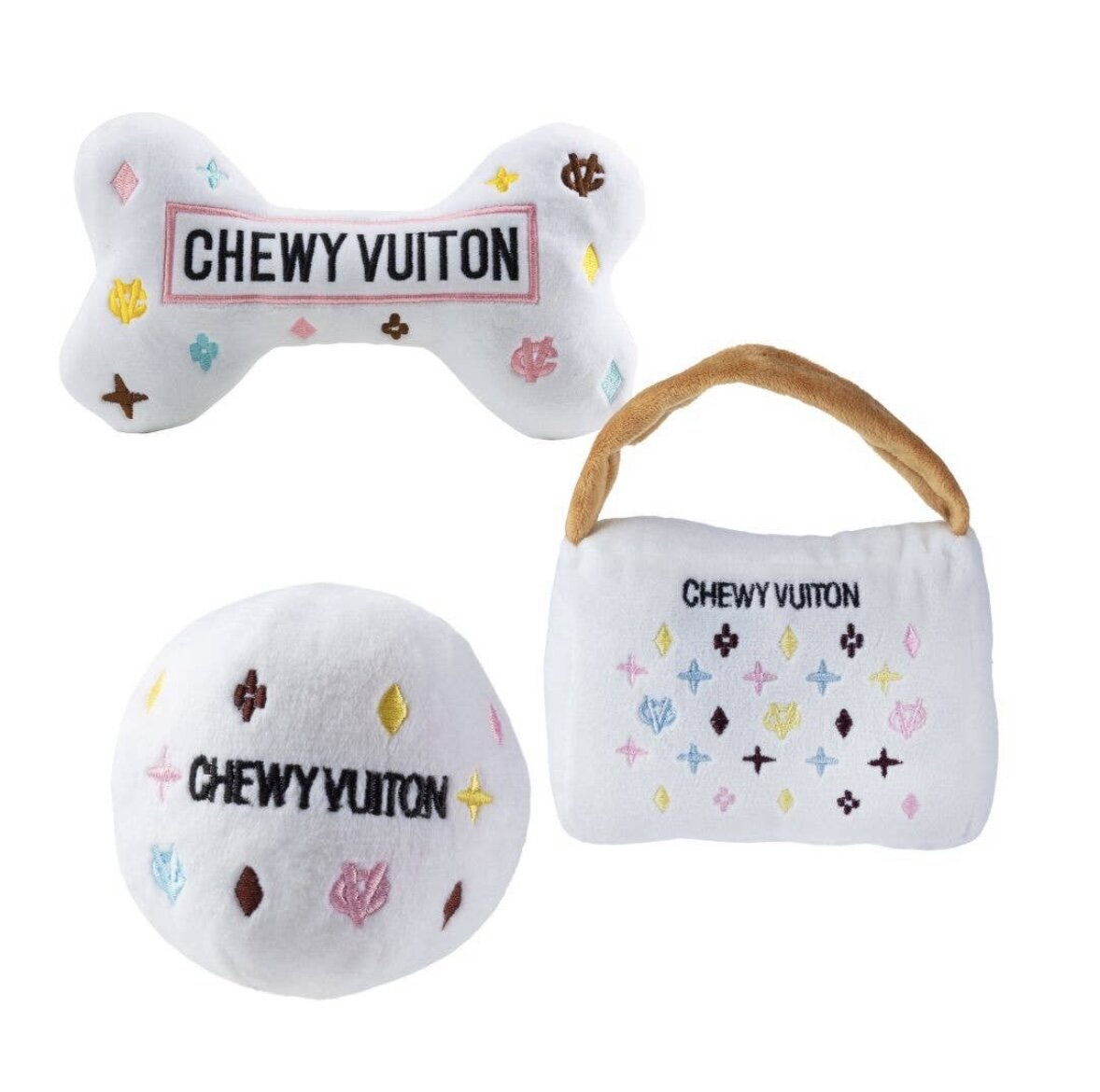 White Chewy Vuitton Dog Toy Purse