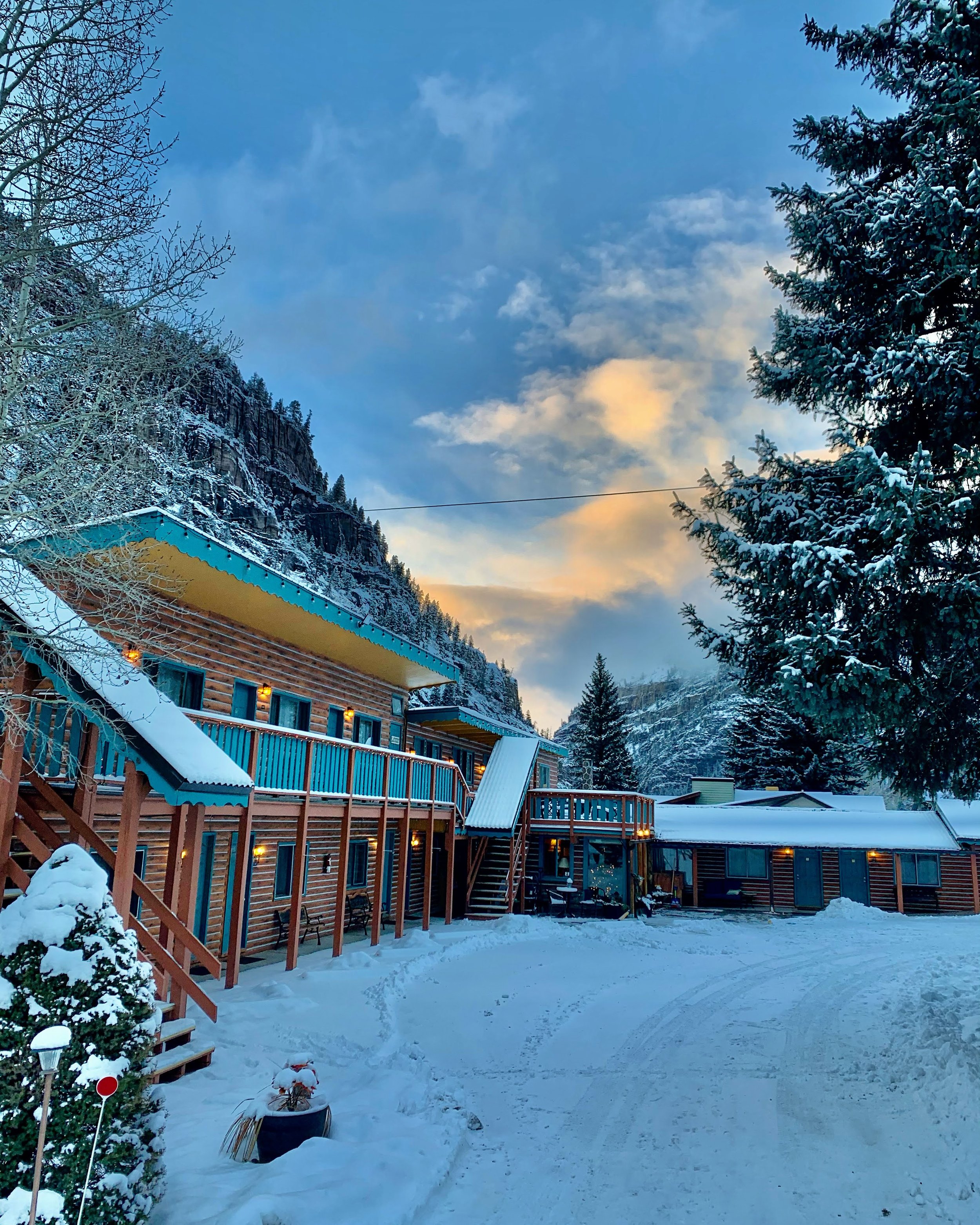 Snow covered hotel in Ouray