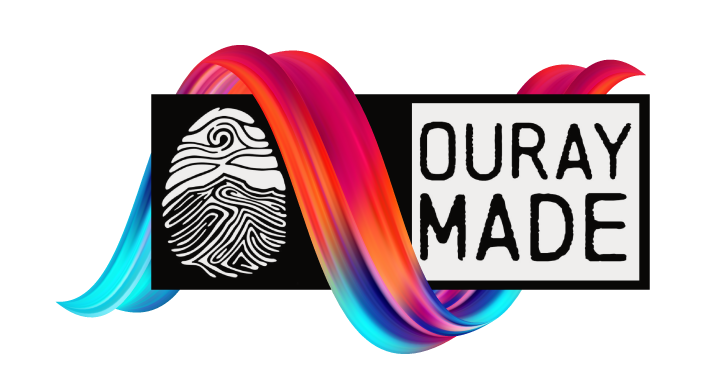 Ouray Made Logo with colorful ribbon wrapped around logo