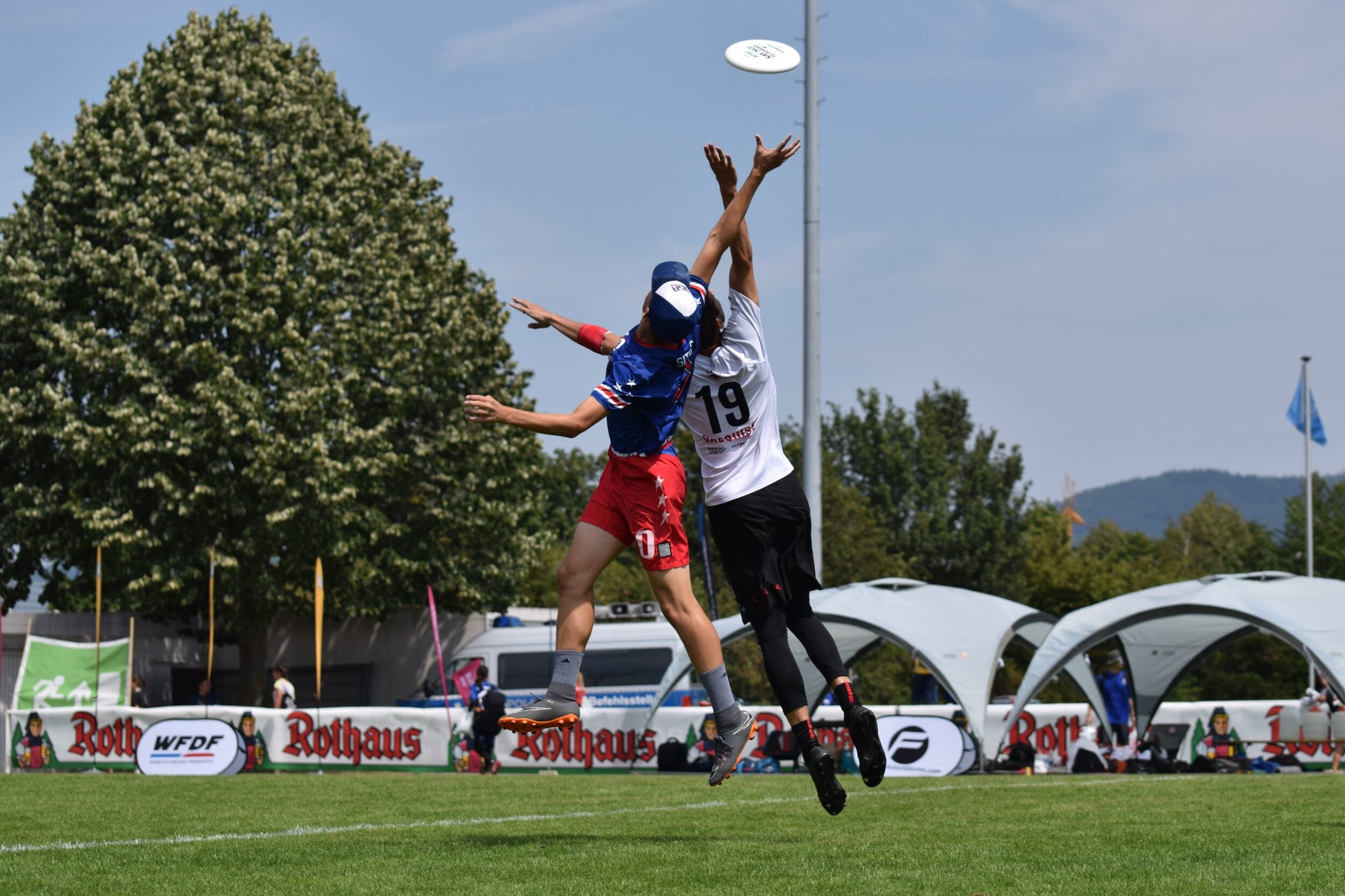 2 people reaching to catch frisbee