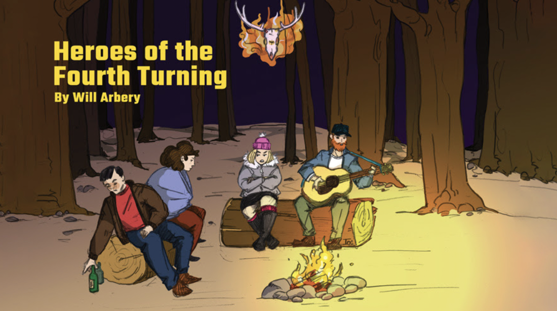 Animated picture of men sitting around a fire
