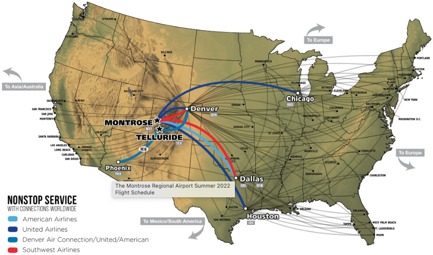 直飞TEX和MTJ的航班地图