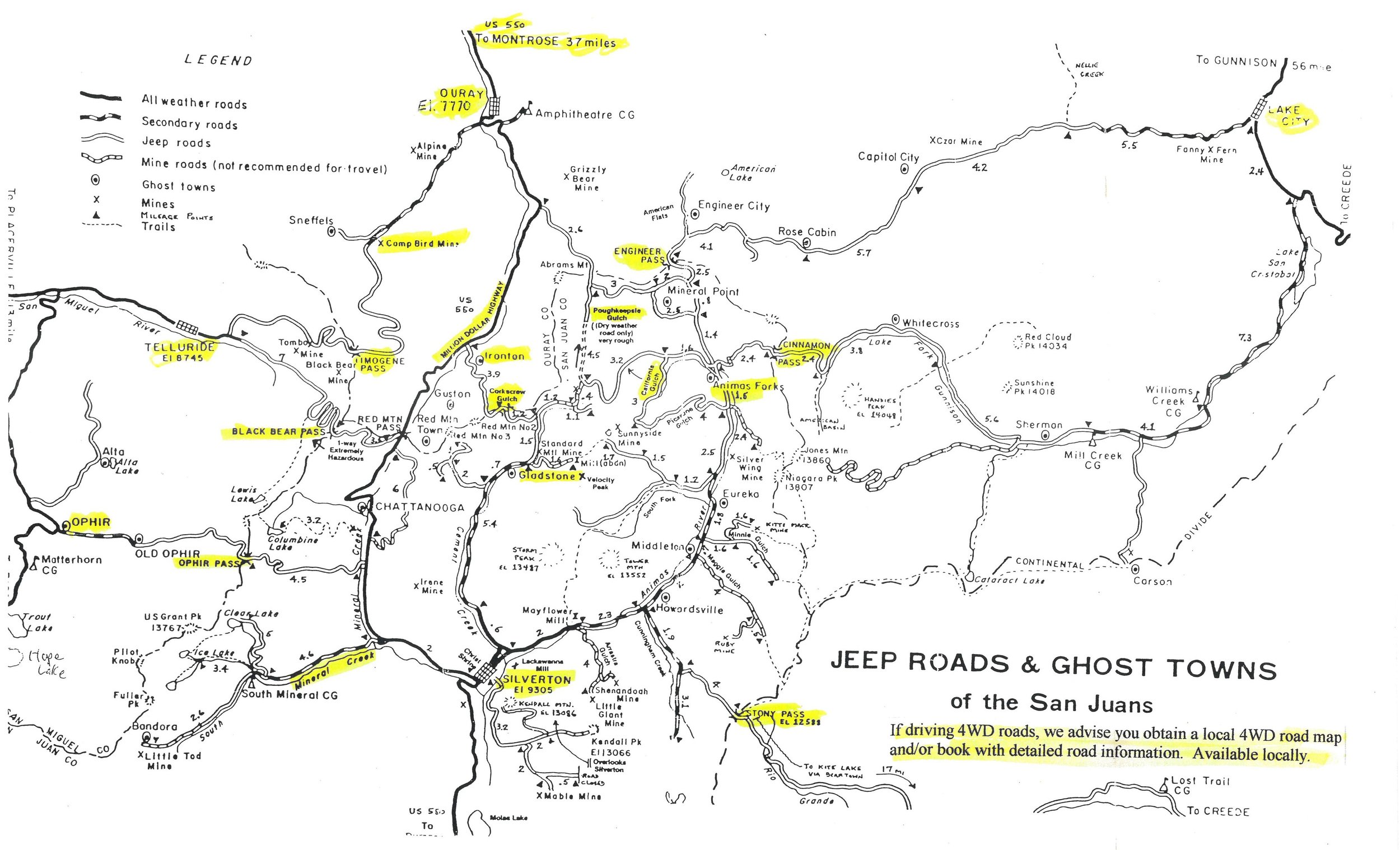 Jeep road and ghost town map
