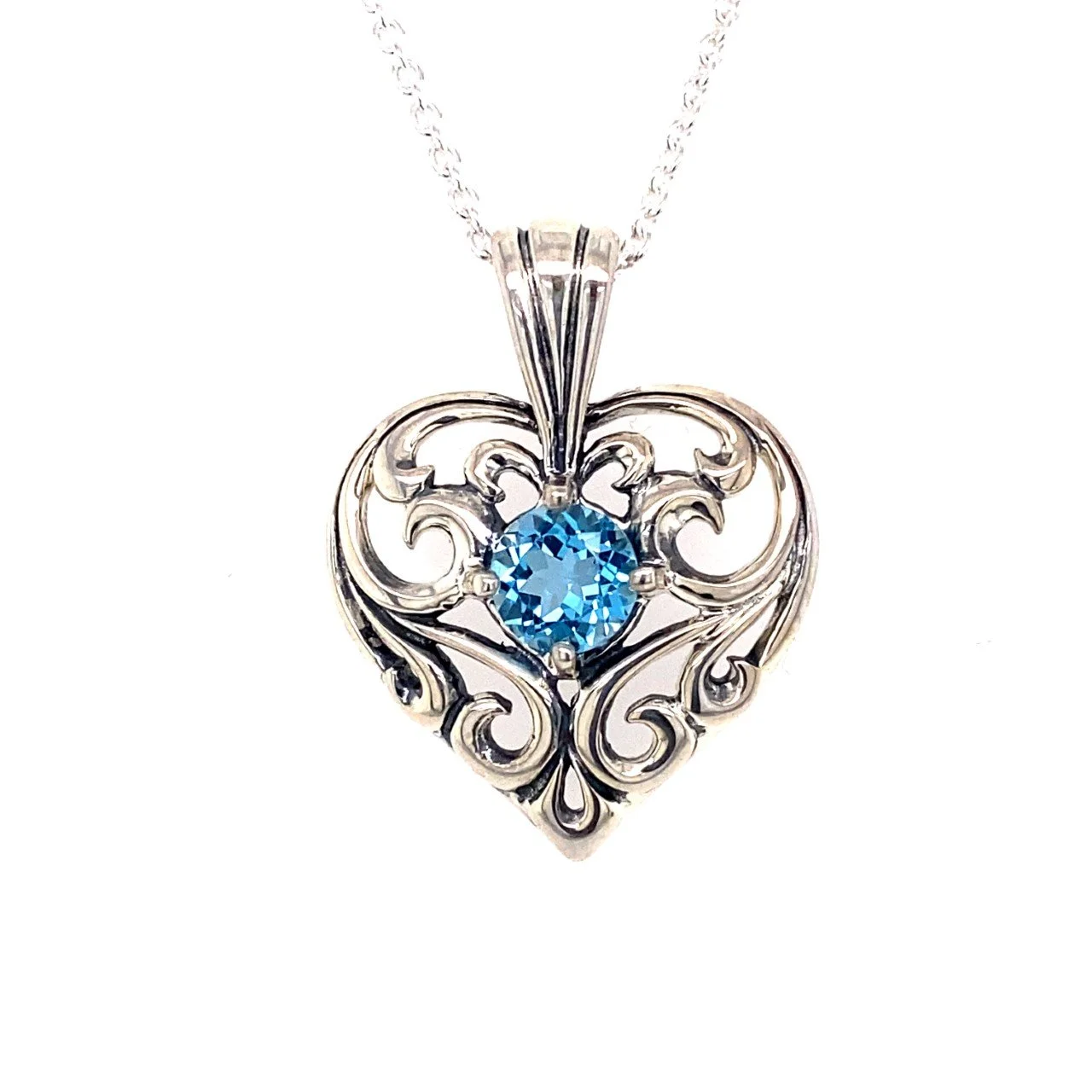 Sterling Silver Open Filigree Heart Pendant with 5 MM Gemstone and Chain — KABANA 925 Sterling Silver Open Filigree Heart Pendant with 5 MM Gemstone and Chain — KABANA 925