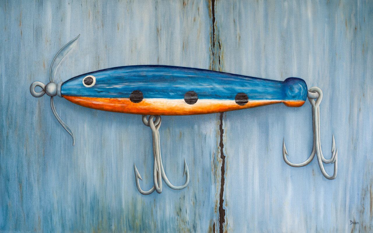 Retro Fishing Lure V On Canvas By Regina Moore Painting, Fishing Lure  Painting