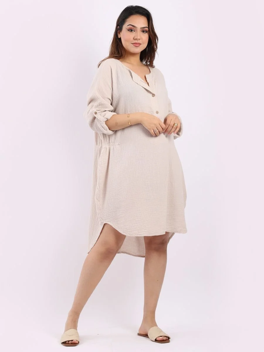 Plain Solid Front Buttons Ribbed Sides Cotton Lagenlook Dress