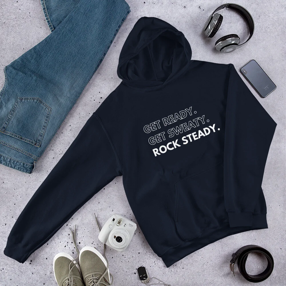 Get Ready. Get Sweaty. Rock Steady. Unisex Hoodie Navy KEMI ADEGOROYE