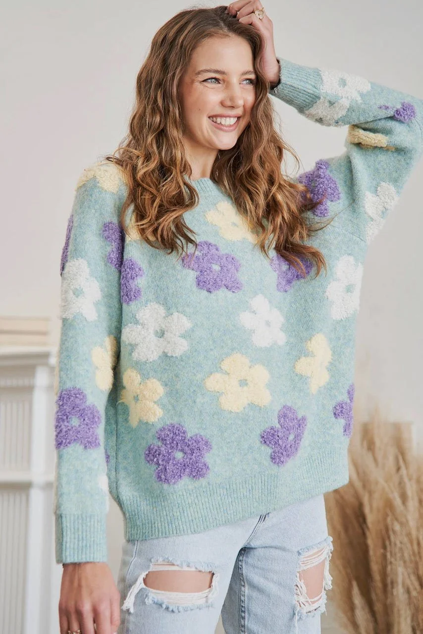 Adora Floral Popped 2TONE Sweater Top In Sage — 2nd Round Equestrian