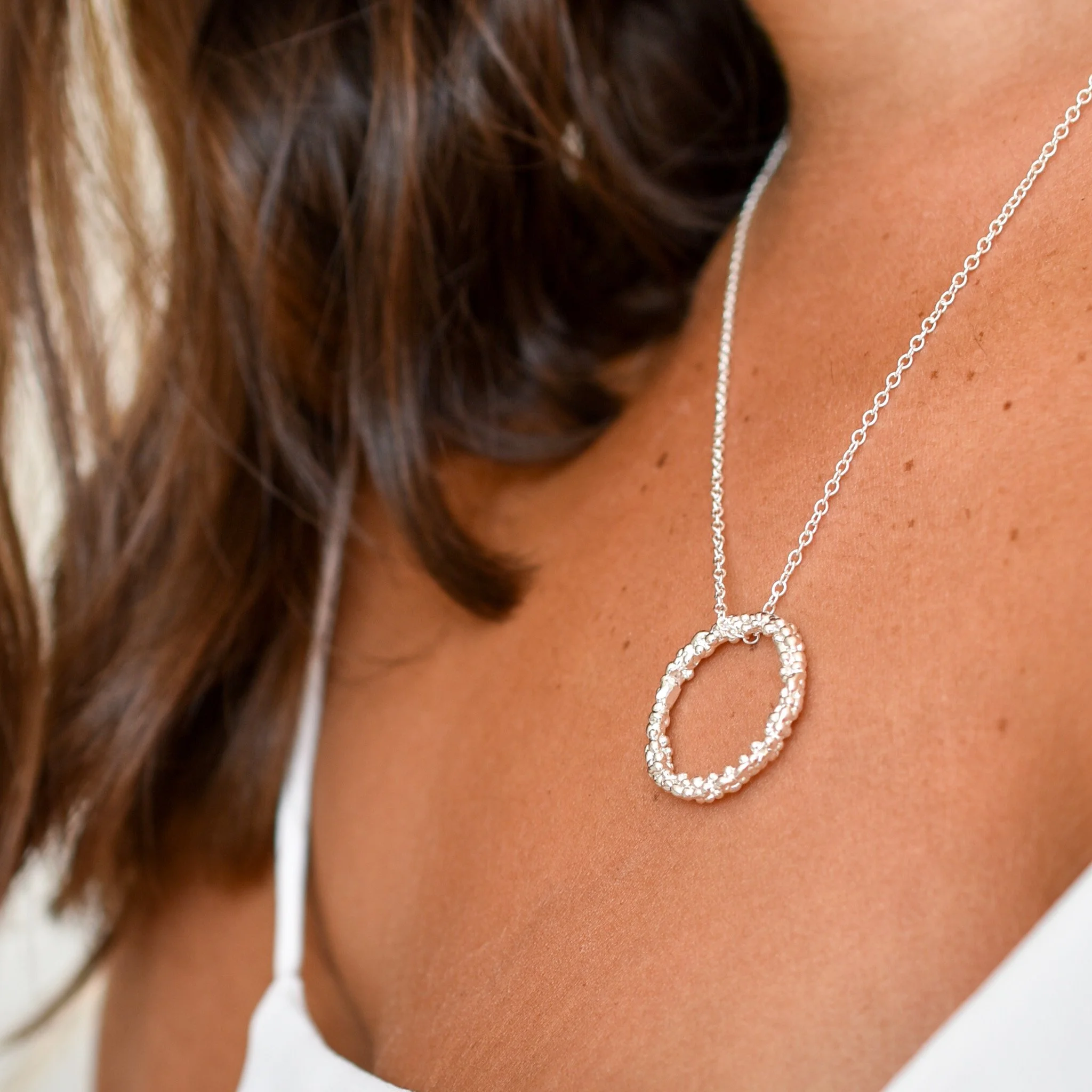 Silver circle pendant necklace textured Militza Ortiz Jewellery