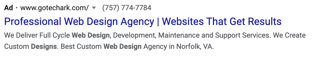 当搜索“website design near me”时，谷歌中排名靠前的PPC广告的例子.