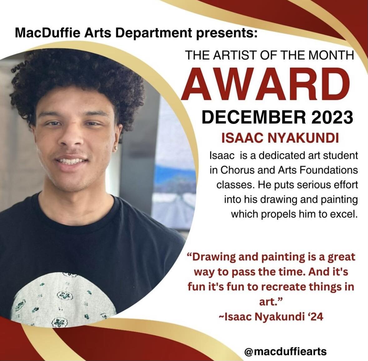 Congratulations, Isaac &lsquo;24, December&rsquo;s Artist of the Month. 

Please enjoy some of Isaac&rsquo;s work: perspective, still life, and self portrait. 

#themacduffieschool #creativity #artsineducation #macduffiearts