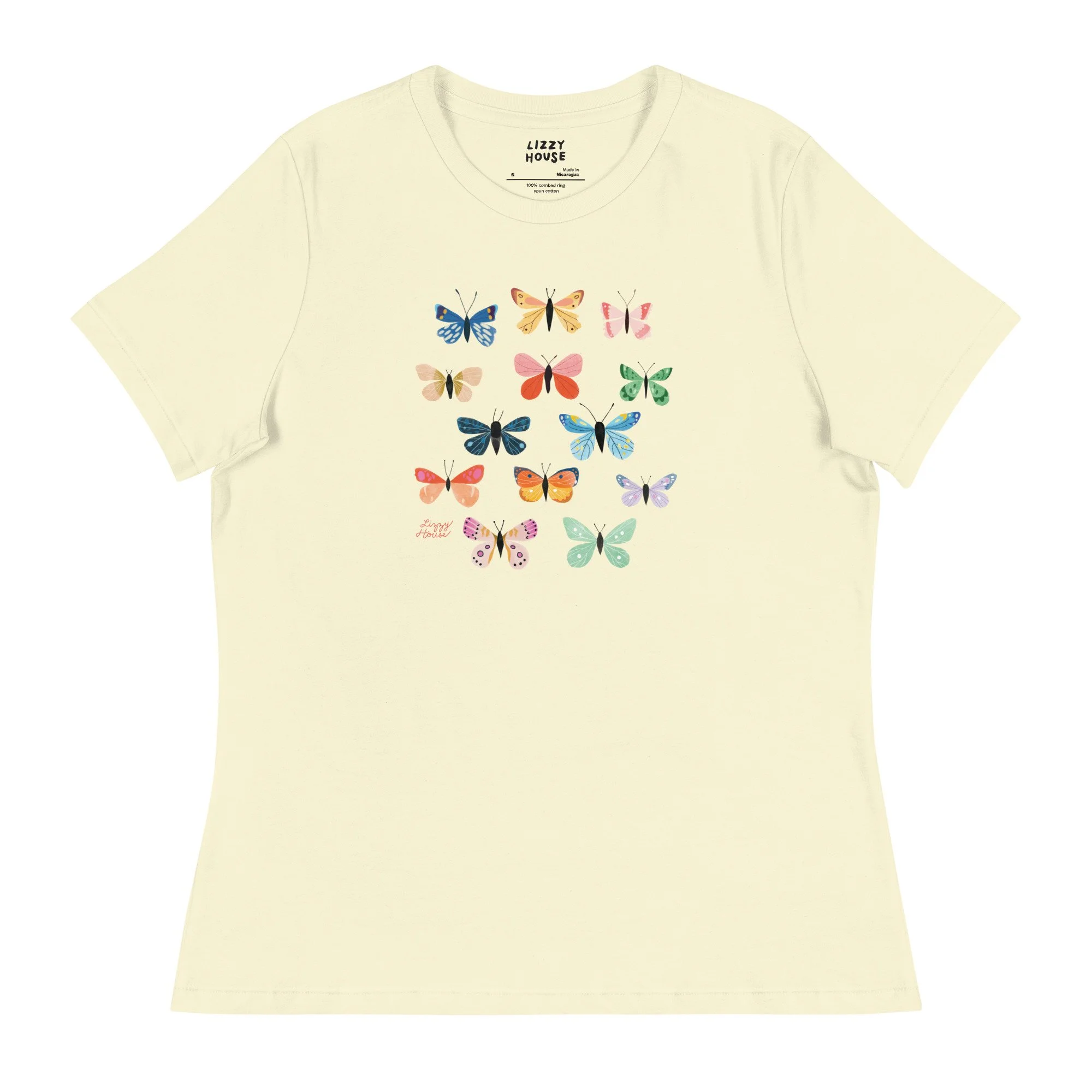 【NONCODE】(Unisex) Hex Butterfly Washing T-Shirt Butterfly Tshirt, Womens Cotton Crewneck Tee Shirt, Hot Pink