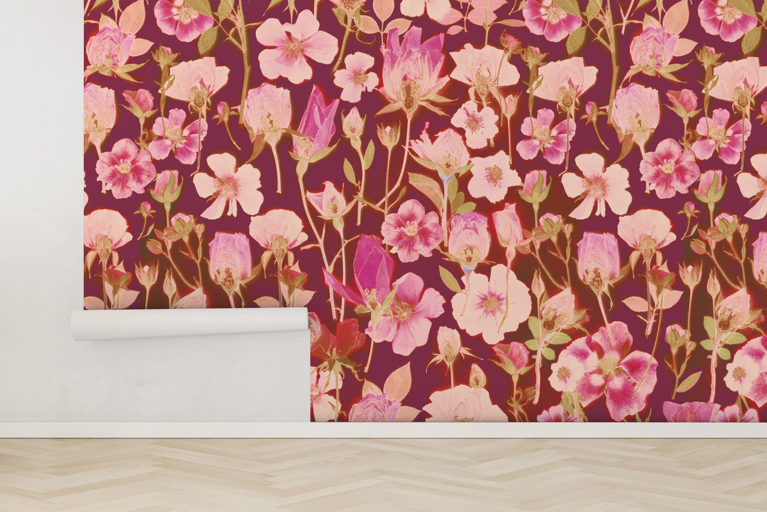 Wallpaper Cherry Blossoms Floral Lavender Pink Brown Green on Pearlized  Cream